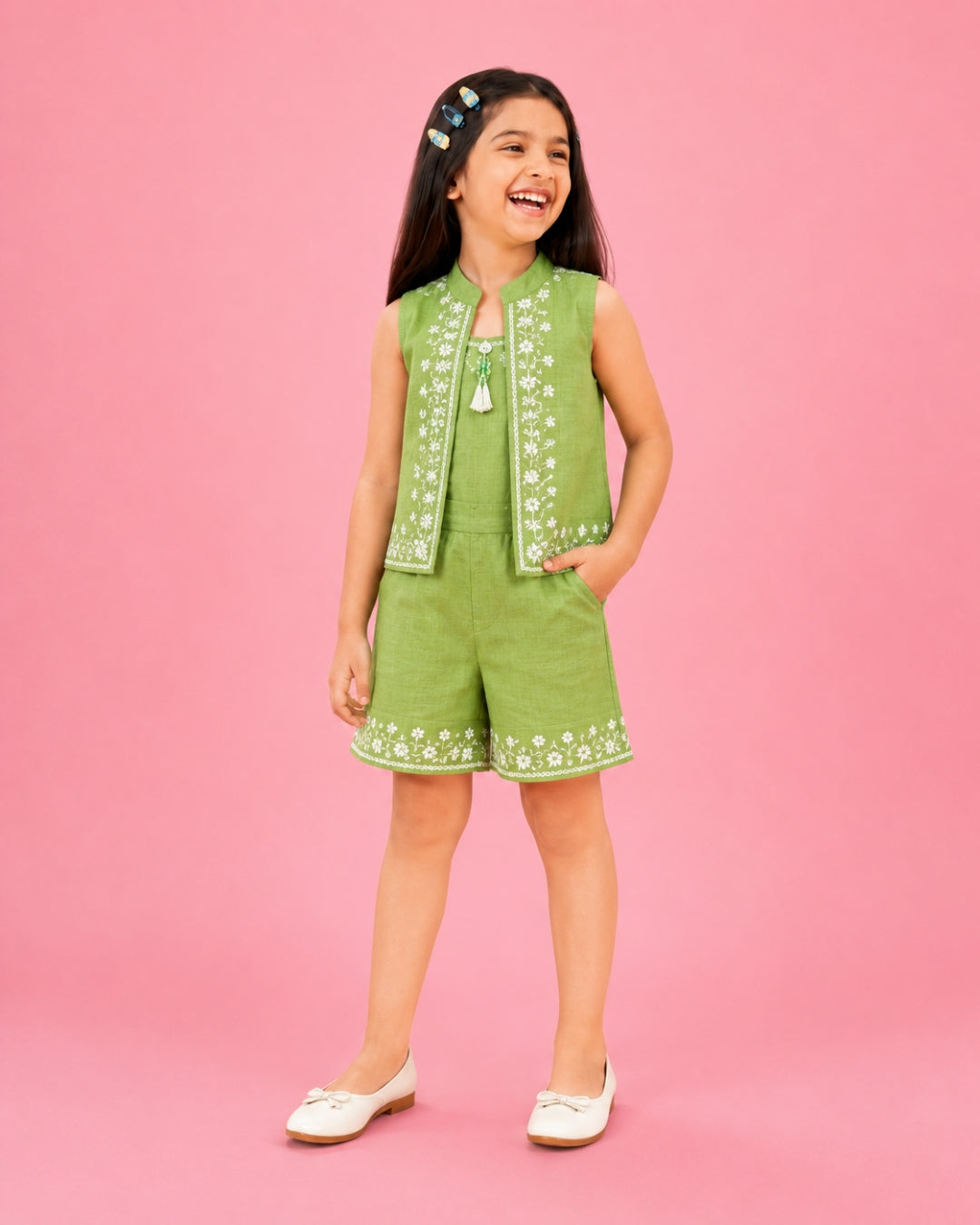 Pistachio Breeze | Embroidered Vest Co-Ord Set