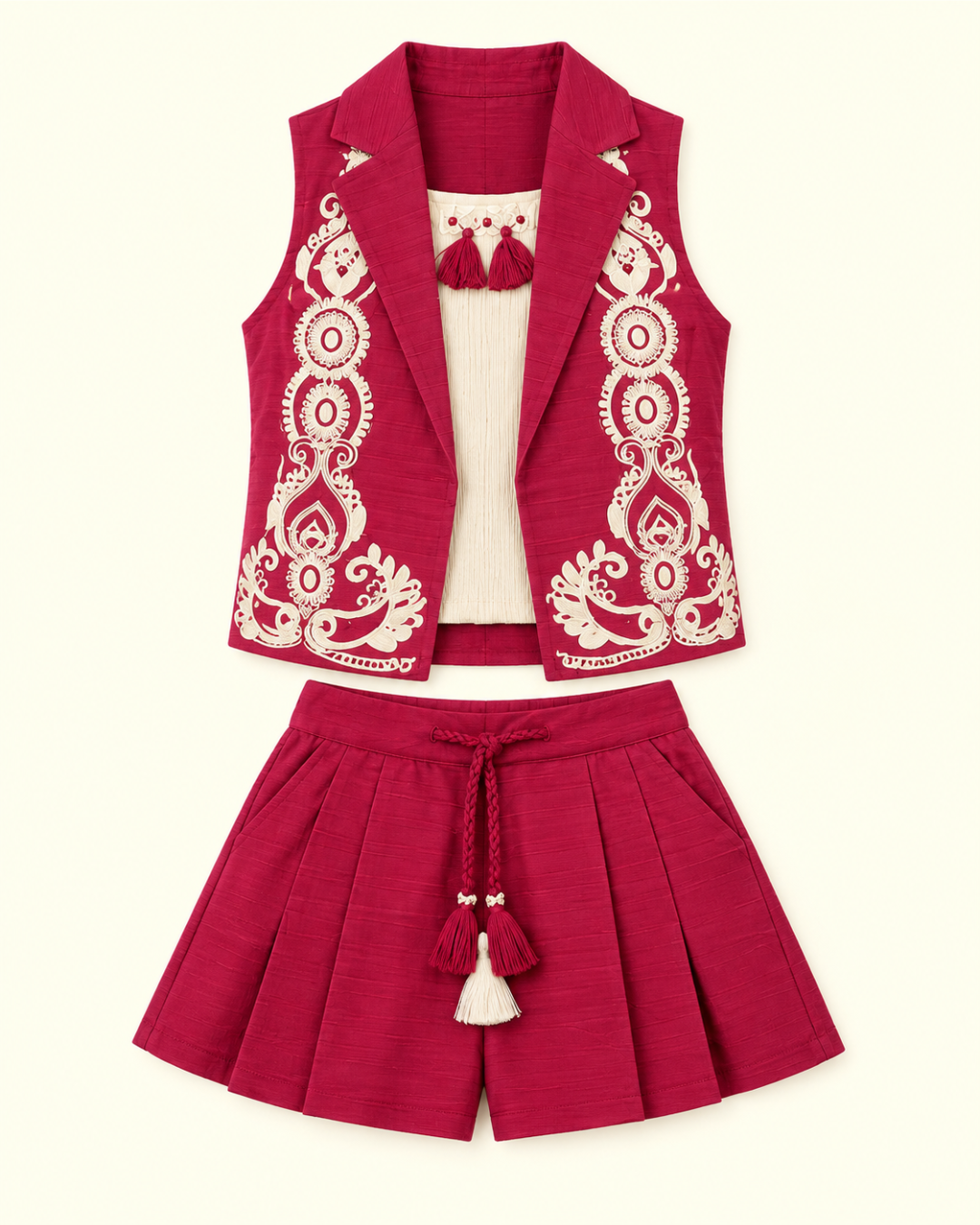 Crimson Charm | Embroidered Vest Co-Ord Set