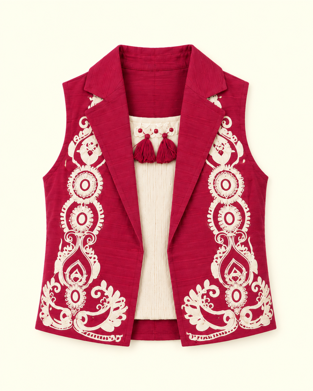 Crimson Charm | Embroidered Vest Co-Ord Set