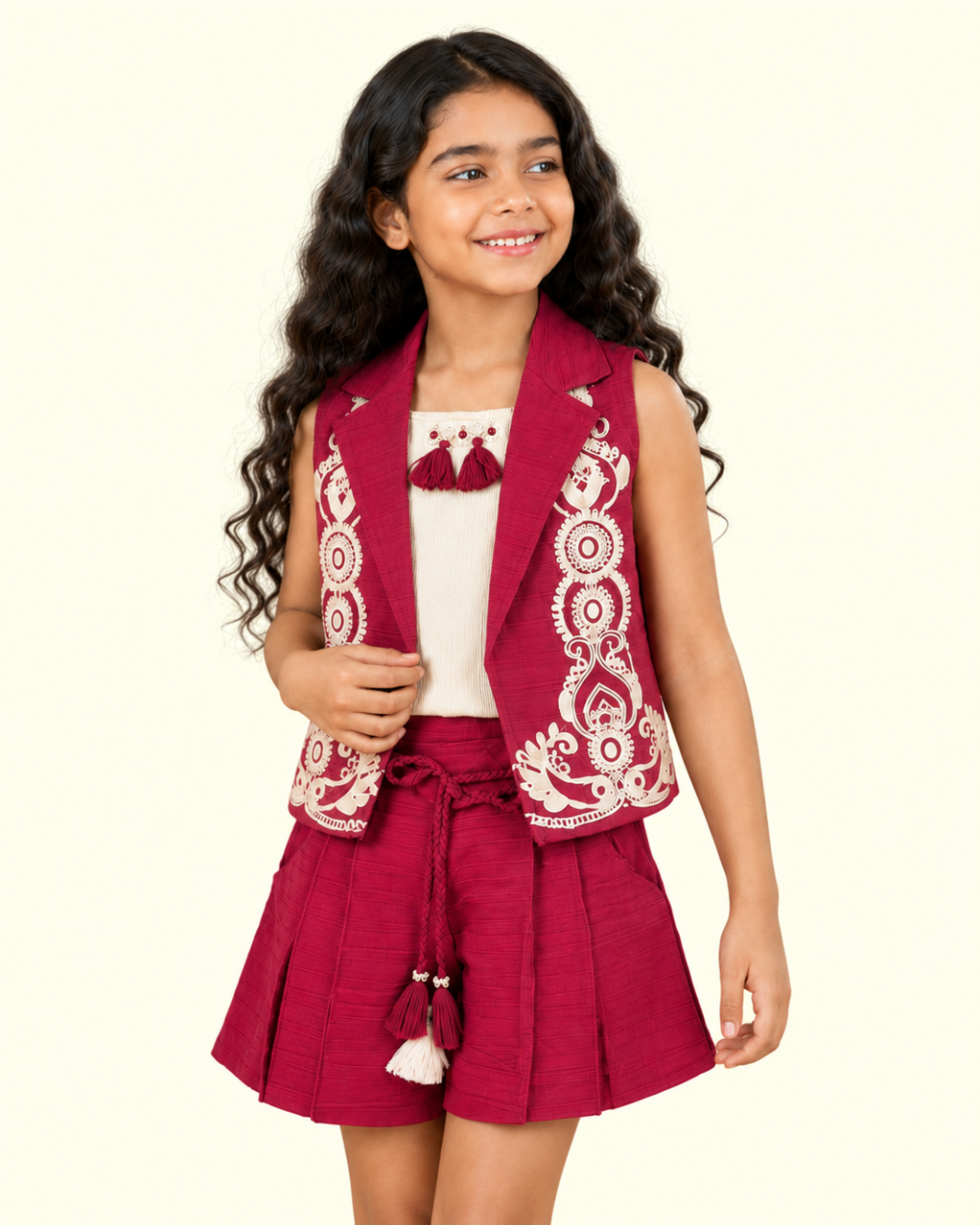 Crimson Charm | Embroidered Vest Co-Ord Set