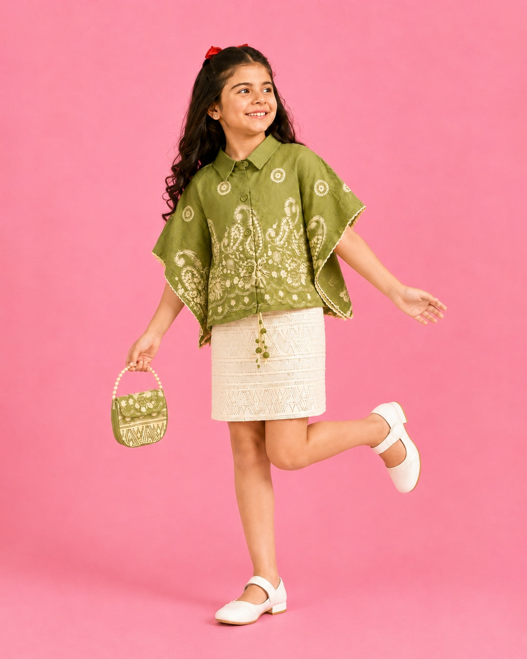 Sage Whisper | Embroidered Cape Top & Textured Skirt Set