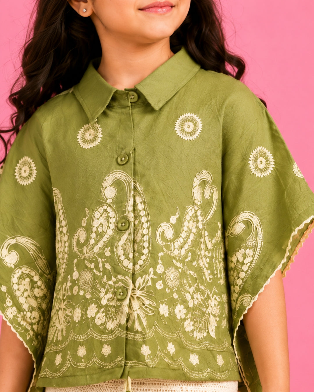 Sage Whisper | Embroidered Cape Top & Textured Skirt Set