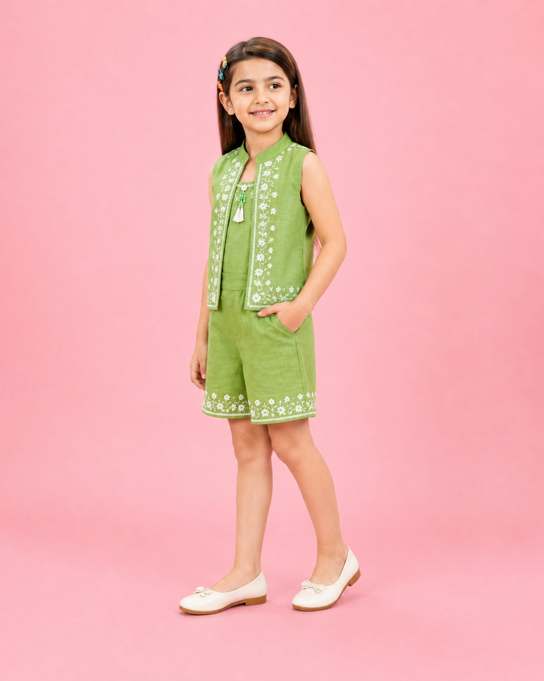 Pistachio Breeze | Embroidered Vest Co-Ord Set