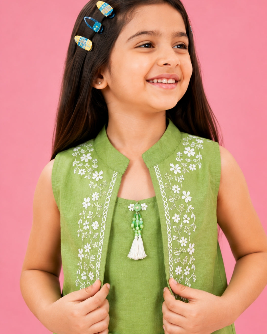 Pistachio Breeze | Embroidered Vest Co-Ord Set