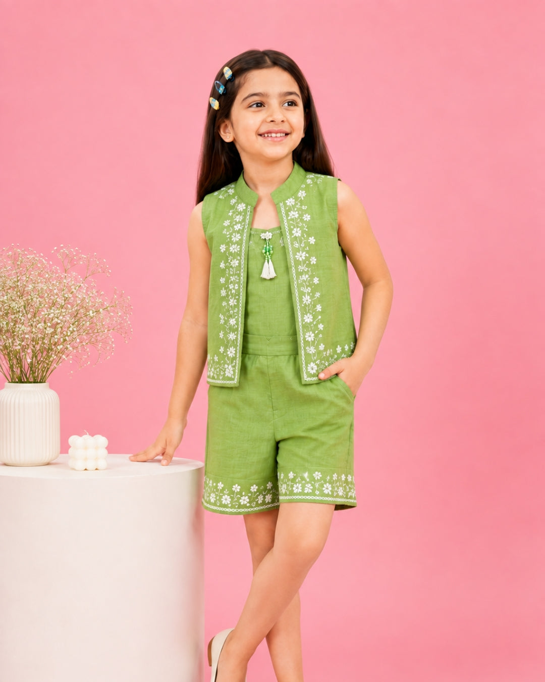 Pistachio Breeze | Embroidered Vest Co-Ord Set