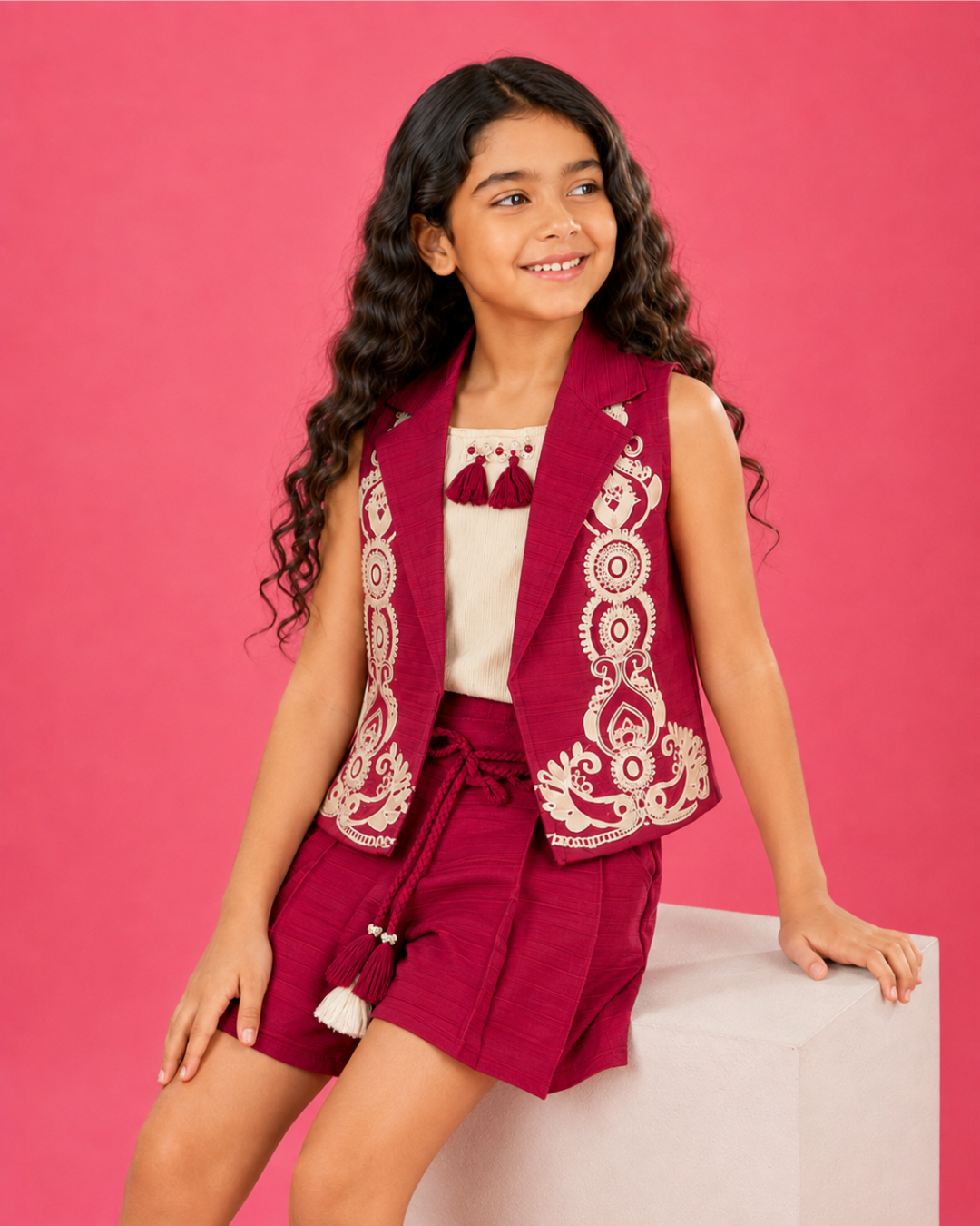 Crimson Charm | Embroidered Vest Co-Ord Set
