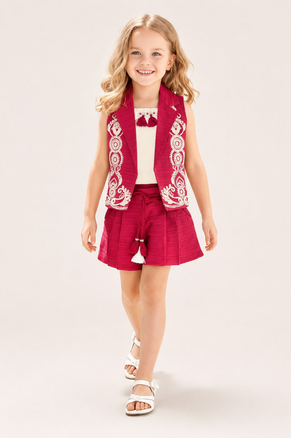Crimson Charm | Embroidered Vest Co-Ord Set
