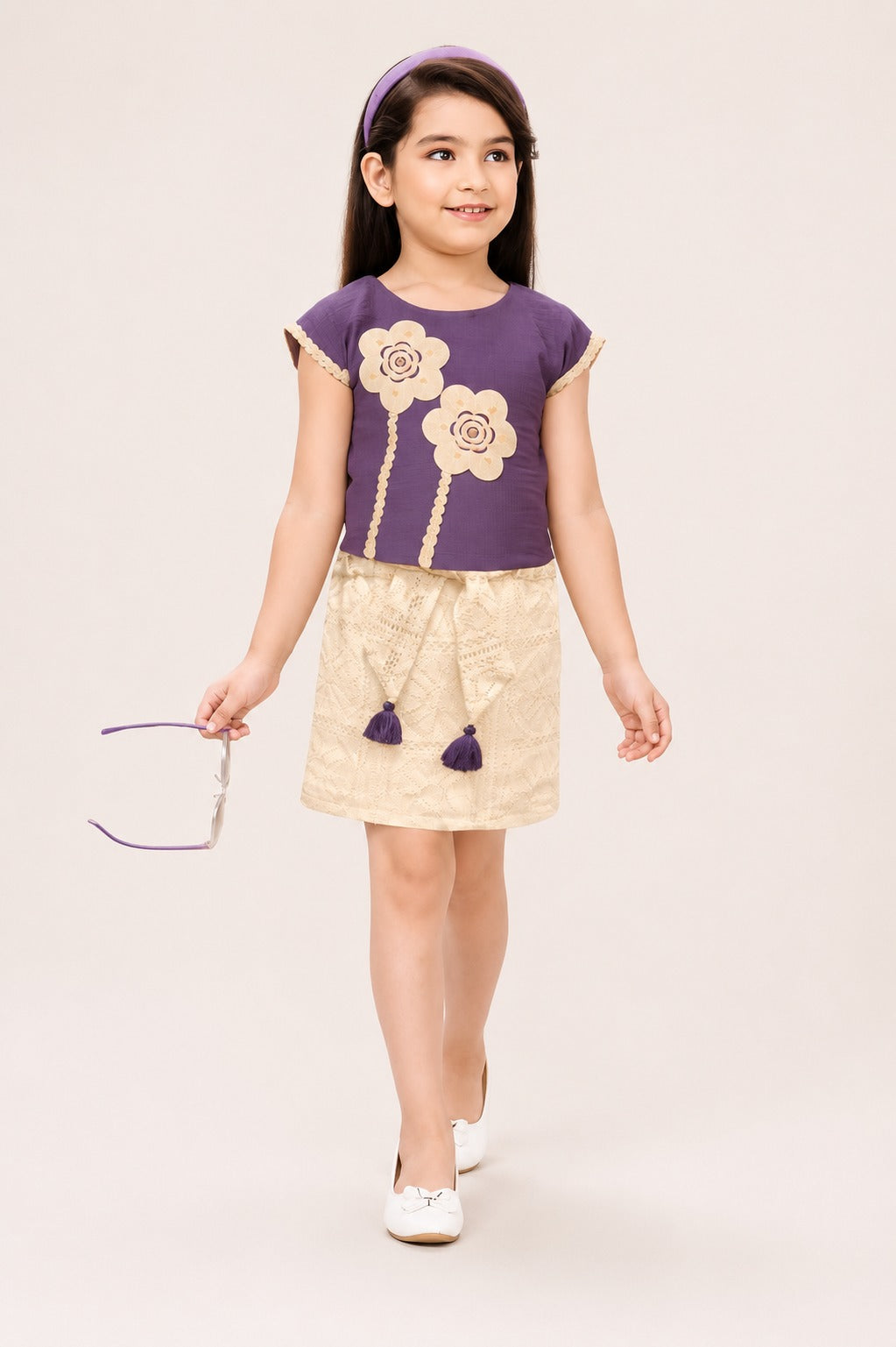 Lavender Bloom | Floral Appliqué Top & Textured Skirt Set